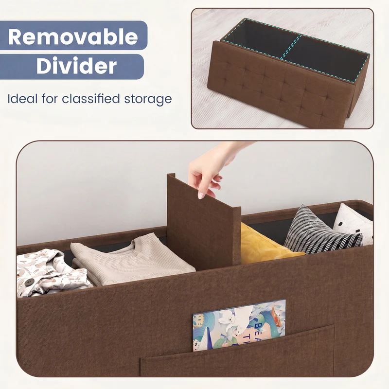 43 Inches Folding Storage Ottoman Bench, Linen, Padded Seat, Brown