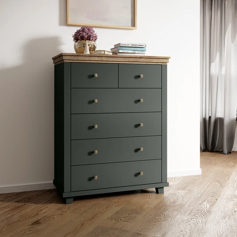 Commode 6 tiroirs Martin Vert et Bois