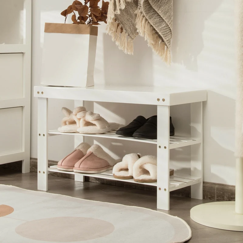 3-Tier Bamboo Shoe Bench, Holds 6 Pairs, White