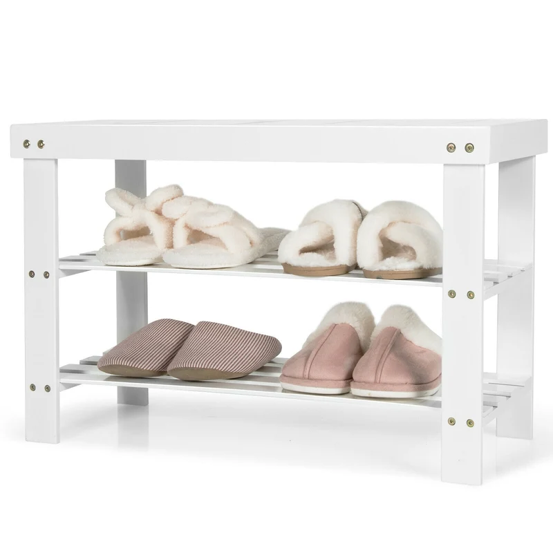 3-Tier Bamboo Shoe Bench, Holds 6 Pairs, White