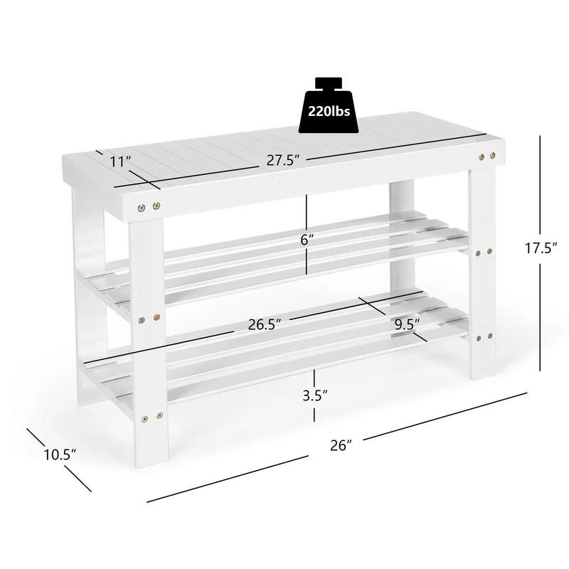 3-Tier Bamboo Shoe Bench, Holds 6 Pairs, White