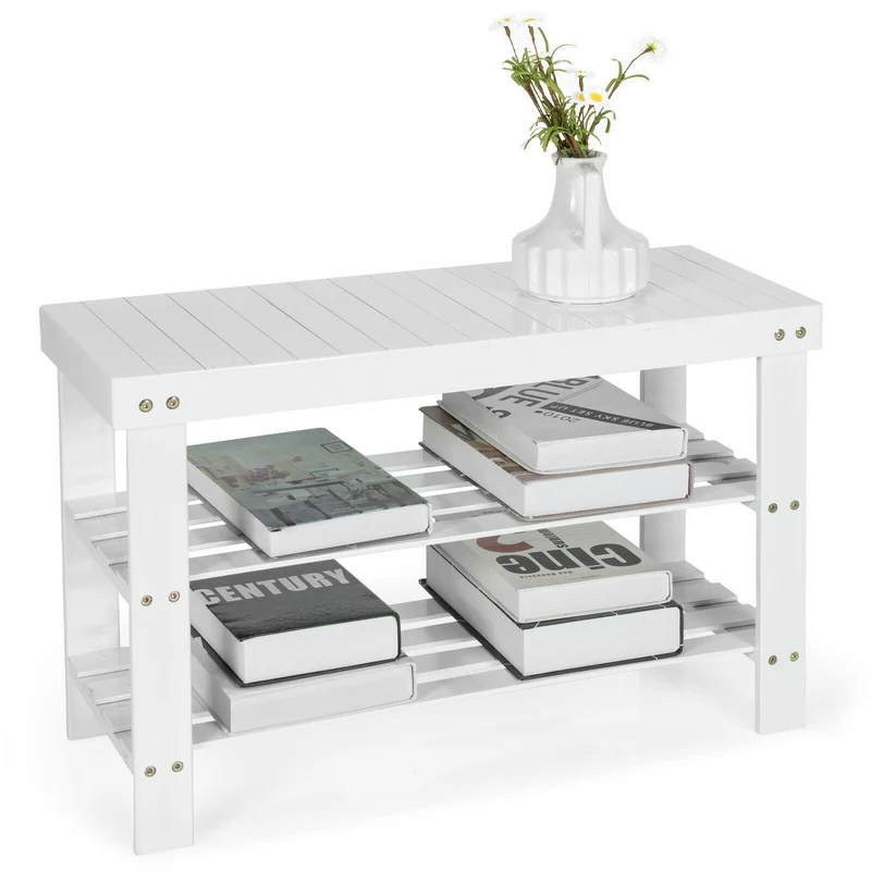 3-Tier Bamboo Shoe Bench, Holds 6 Pairs, White