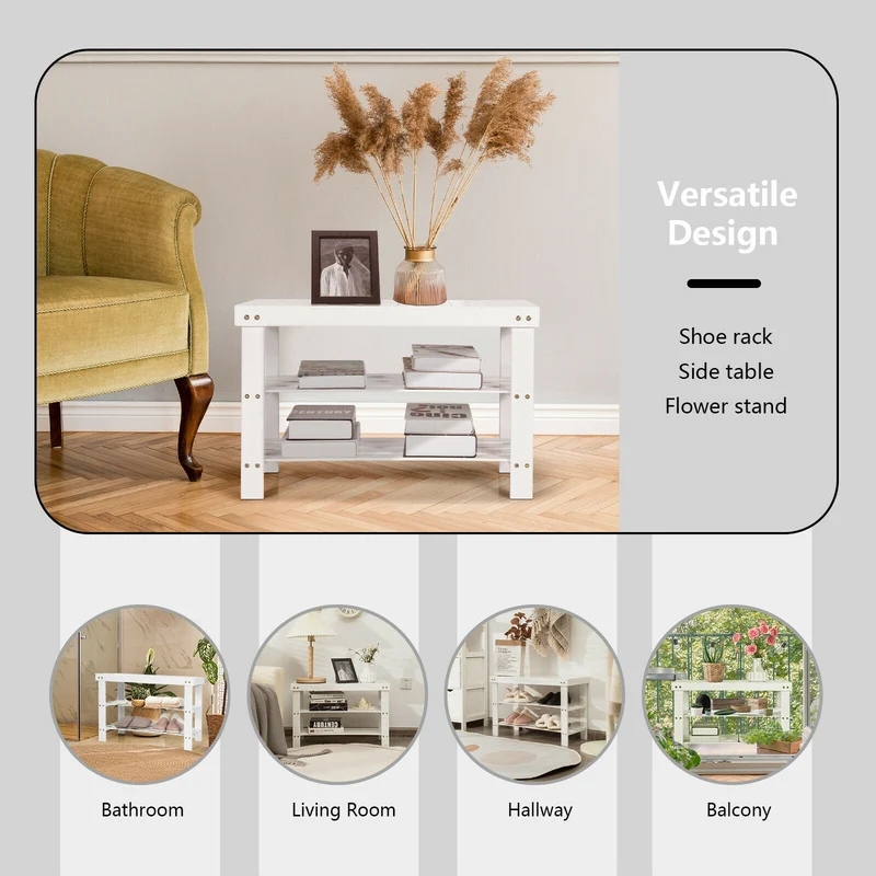 3-Tier Bamboo Shoe Bench, Holds 6 Pairs, White