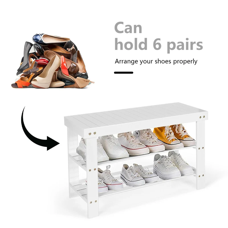 3-Tier Bamboo Shoe Bench, Holds 6 Pairs, White