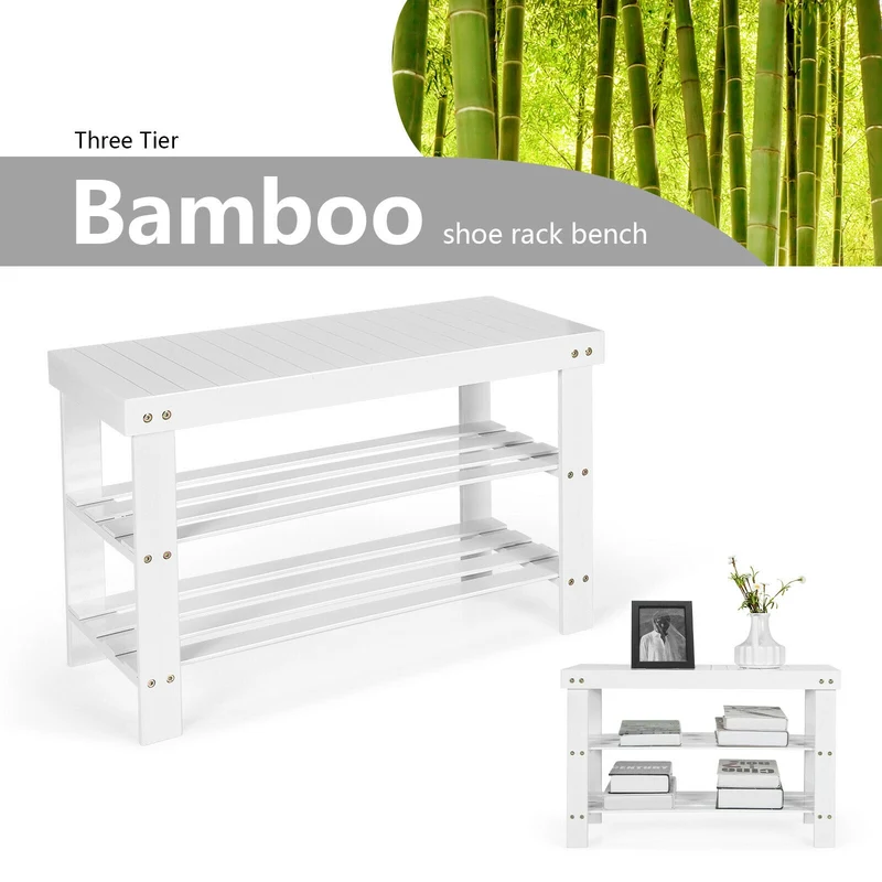3-Tier Bamboo Shoe Bench, Holds 6 Pairs, White