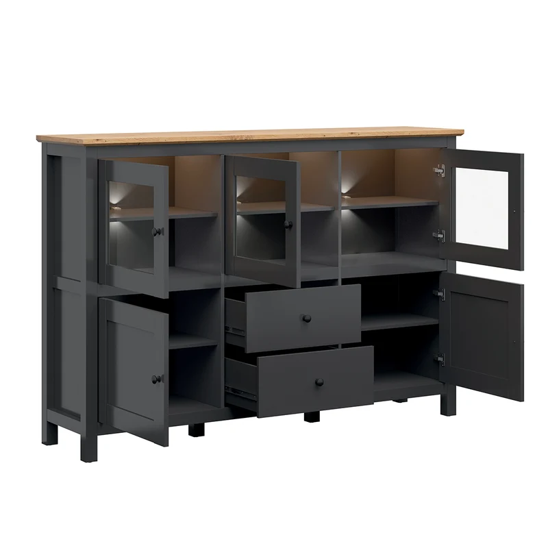 Buffet 5 portes 2 tiroirs avec LED Duck Gris anthracite et Bois