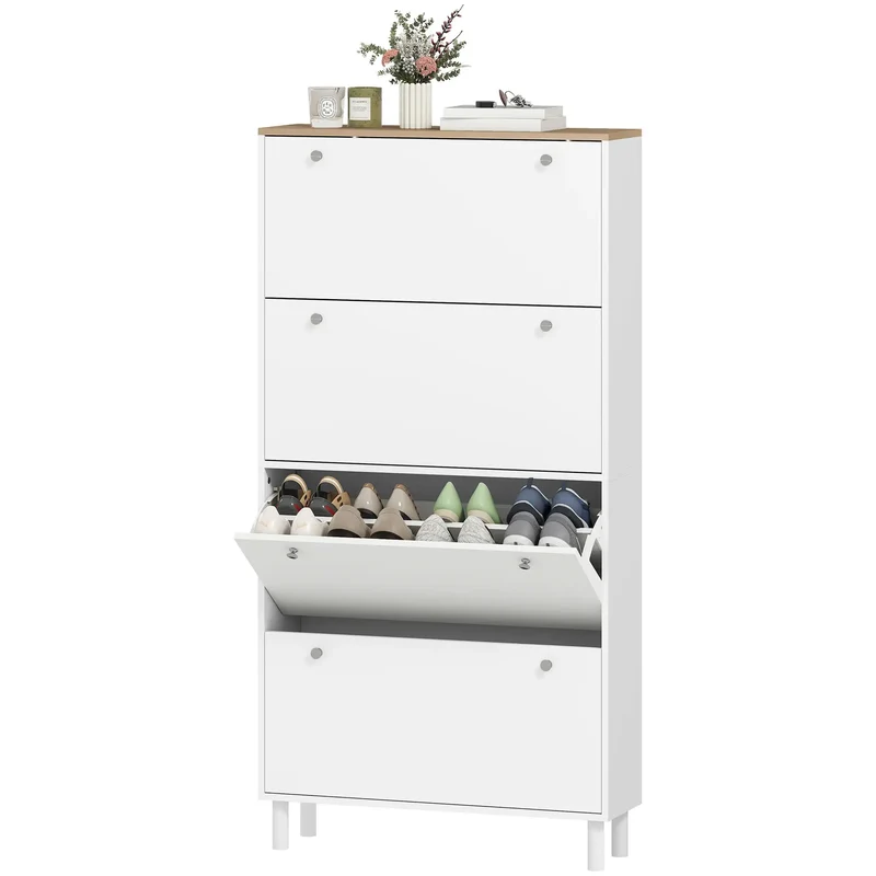 Narrow Shoe Cabinet, 4 Flip Drawers, Adjustable Shelves, Holds 24-32 Pairs, White