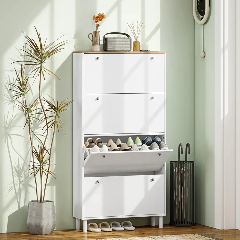 Narrow Shoe Cabinet, 4 Flip Drawers, Adjustable Shelves, Holds 24-32 Pairs, White
