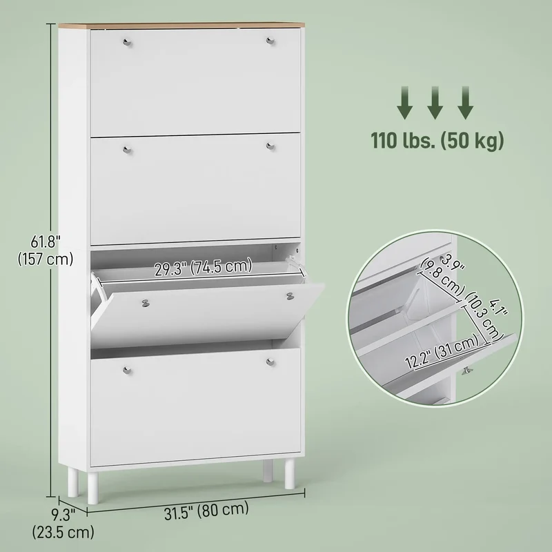 Narrow Shoe Cabinet, 4 Flip Drawers, Adjustable Shelves, Holds 24-32 Pairs, White