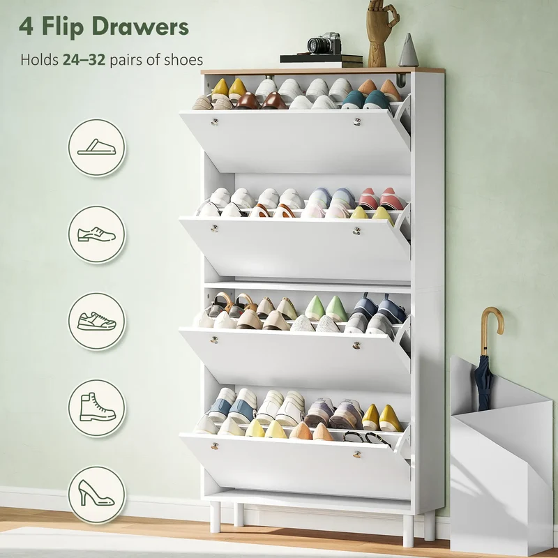 Narrow Shoe Cabinet, 4 Flip Drawers, Adjustable Shelves, Holds 24-32 Pairs, White