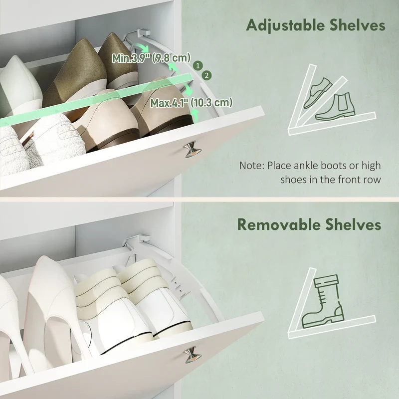 Narrow Shoe Cabinet, 4 Flip Drawers, Adjustable Shelves, Holds 24-32 Pairs, White
