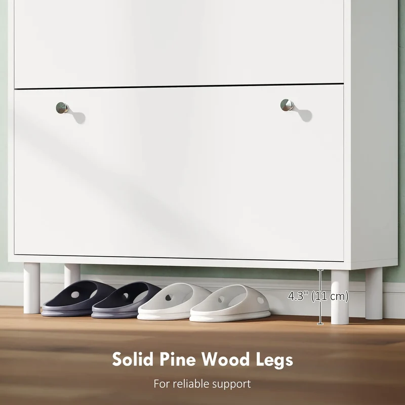 Narrow Shoe Cabinet, 4 Flip Drawers, Adjustable Shelves, Holds 24-32 Pairs, White