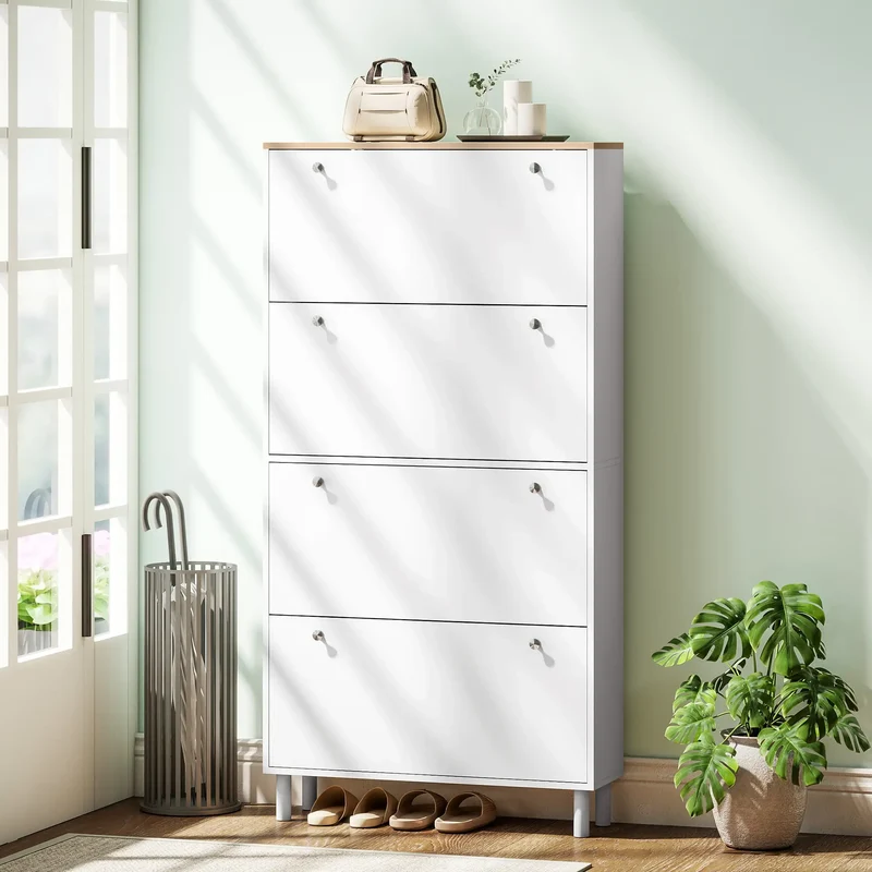 Narrow Shoe Cabinet, 4 Flip Drawers, Adjustable Shelves, Holds 24-32 Pairs, White