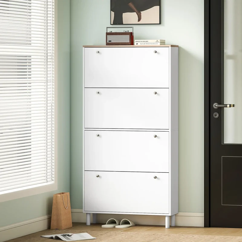 Narrow Shoe Cabinet, 4 Flip Drawers, Adjustable Shelves, Holds 24-32 Pairs, White
