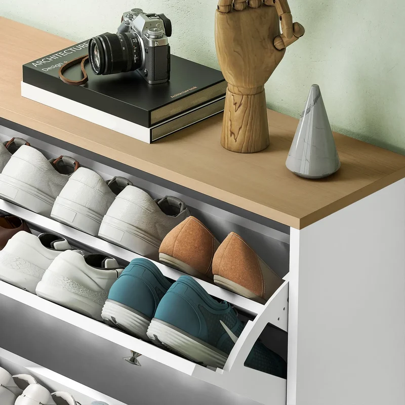 Narrow Shoe Cabinet, 4 Flip Drawers, Adjustable Shelves, Holds 24-32 Pairs, White