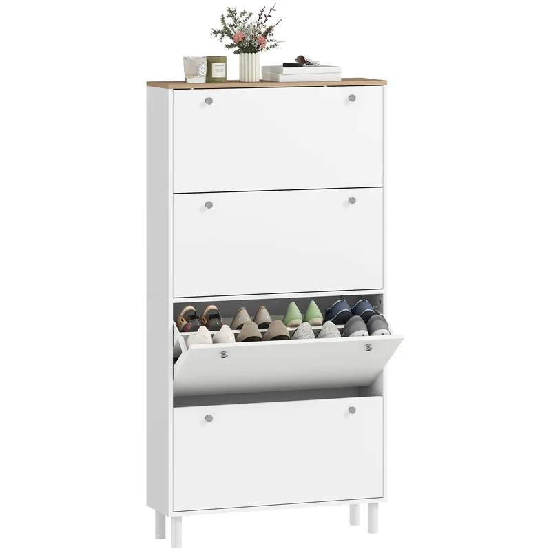 Narrow Shoe Cabinet, 4 Flip Drawers, Adjustable Shelves, Holds 24-32 Pairs, White