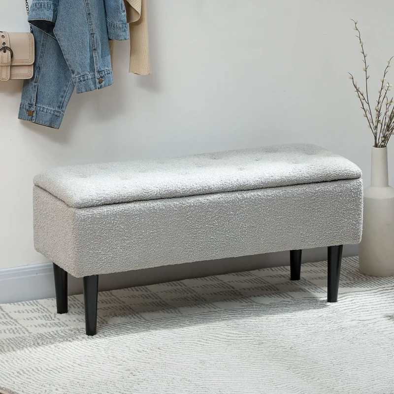 Modern Storage Bench, Ottoman with Lamb's Wool Upholstery, Grey