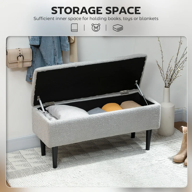 Modern Storage Bench, Ottoman with Lamb's Wool Upholstery, Grey