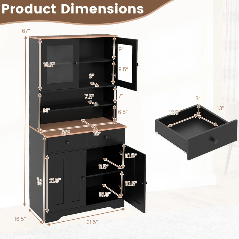 Pantry Cabinet, 2 Removable Shelves, Black