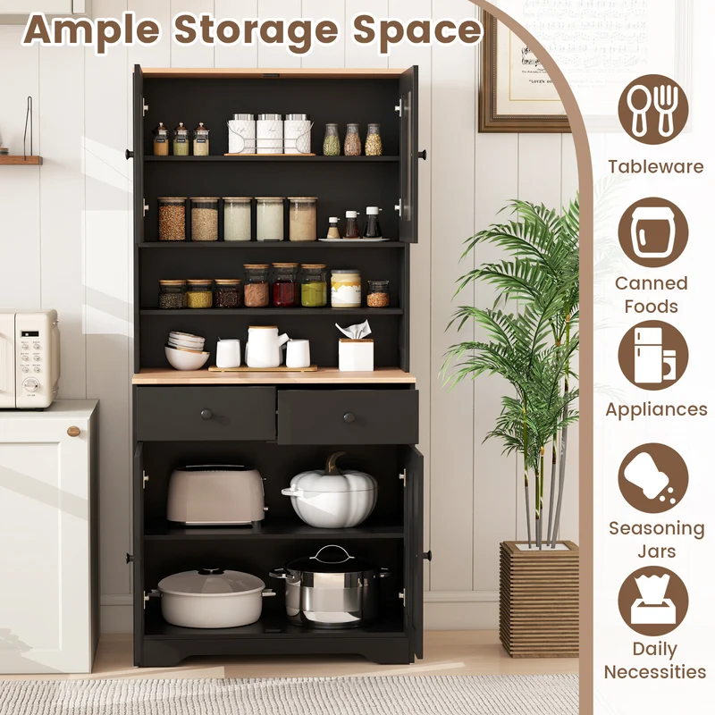 Pantry Cabinet, 2 Removable Shelves, Black