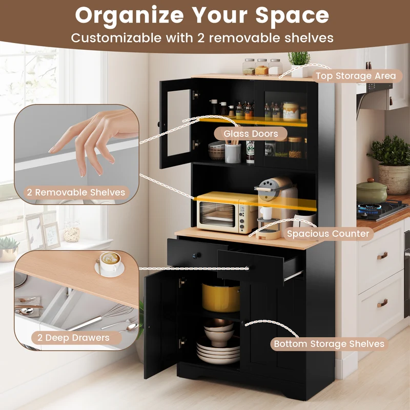 Pantry Cabinet, 2 Removable Shelves, Black