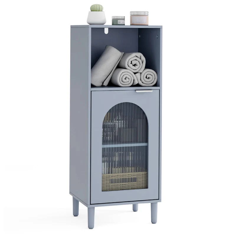 Bathroom Floor Cabinet, Wood Side Storage, Adjustable Shelf, Gray