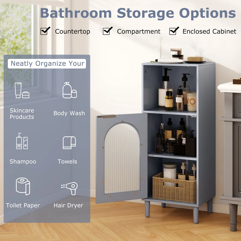 Bathroom Floor Cabinet, Wood Side Storage, Adjustable Shelf, Gray