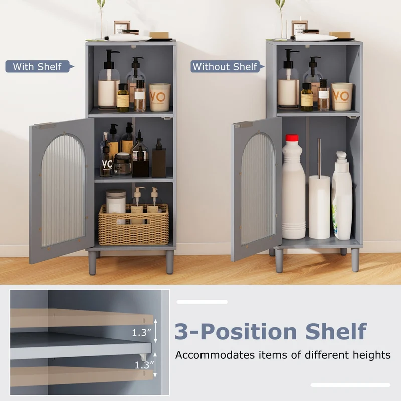 Bathroom Floor Cabinet, Wood Side Storage, Adjustable Shelf, Gray