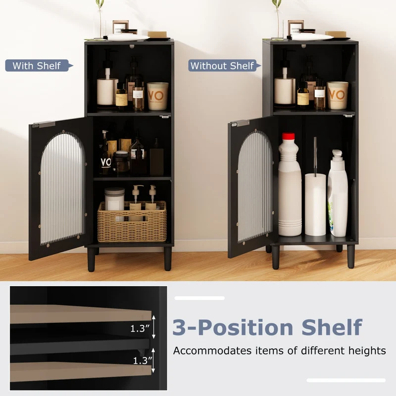Wood Bathroom Floor Cabinet, Adjustable Shelf, Black