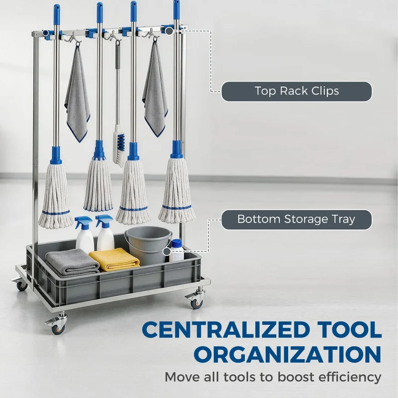 Cleaning Rolling Janitor Cart With Locking Wheels And Drip Tray