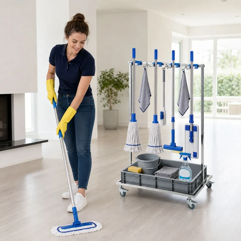 Cleaning Rolling Janitor Cart With Locking Wheels And Drip Tray