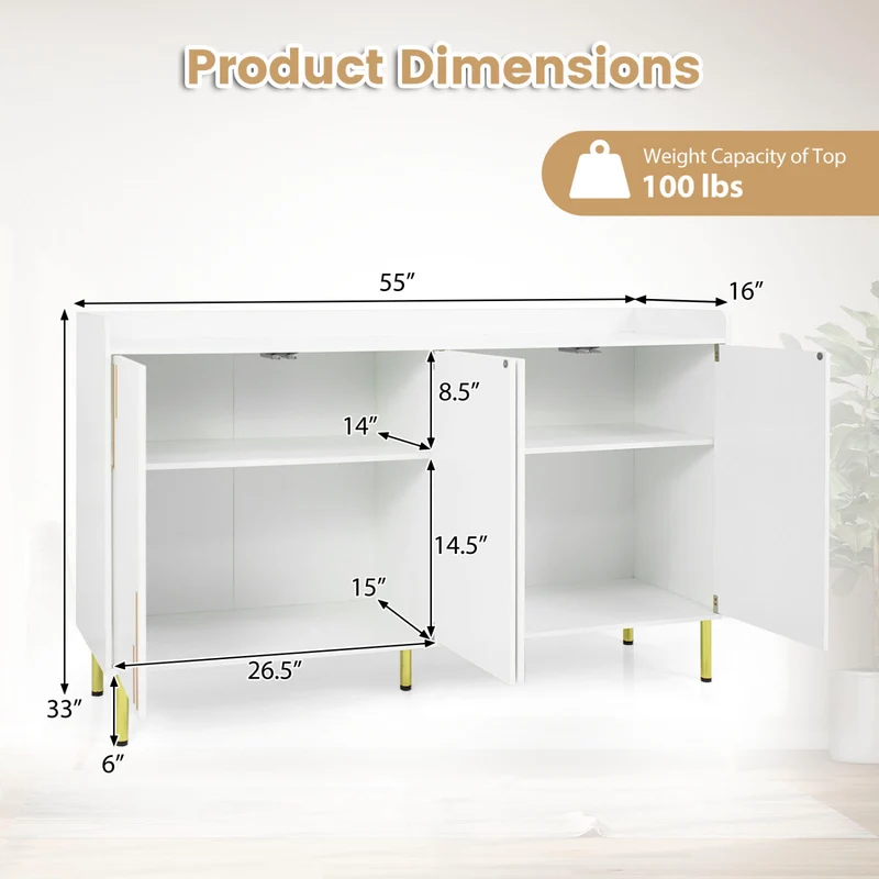 55" Buffet Cabinet, 4 Doors, Credenza, White