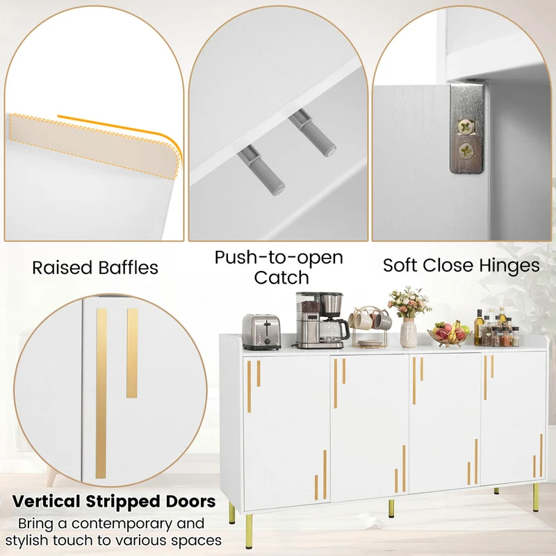 55" Buffet Cabinet, 4 Doors, Credenza, White