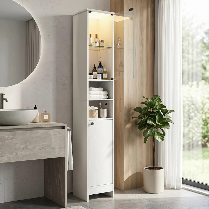 Tall Bathroom Cabinet with LED Lights, Adjustable Shelves, White