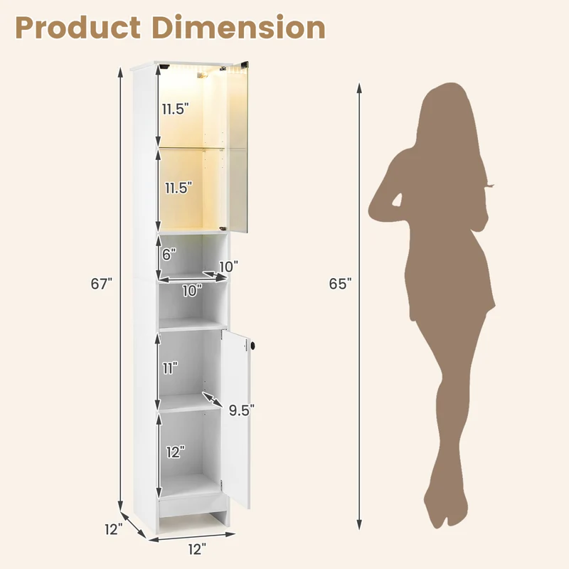 Tall Bathroom Cabinet with LED Lights, Adjustable Shelves, White