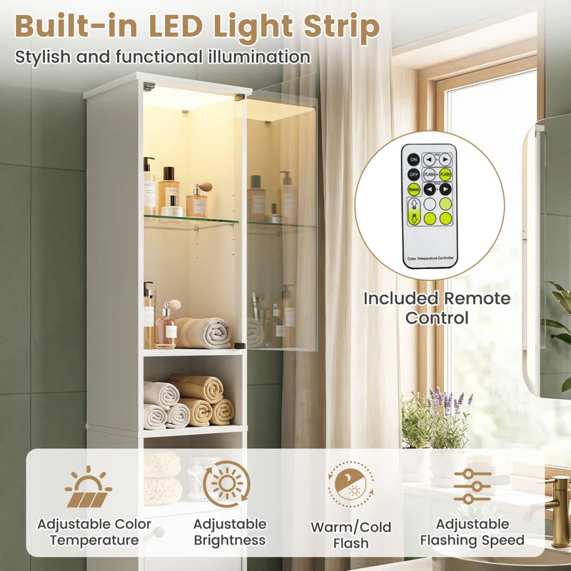 Tall Bathroom Cabinet with LED Lights, Adjustable Shelves, White