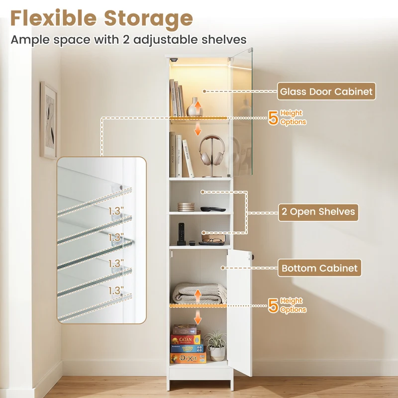 Tall Bathroom Cabinet with LED Lights, Adjustable Shelves, White