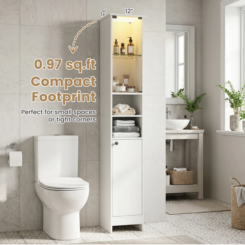 Tall Bathroom Cabinet with LED Lights, Adjustable Shelves, White