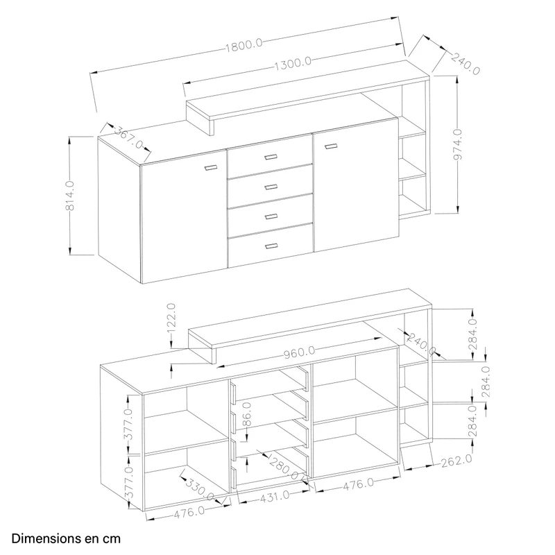 Buffet 2 portes 4 tiroirs Ilyes Gris et Bois