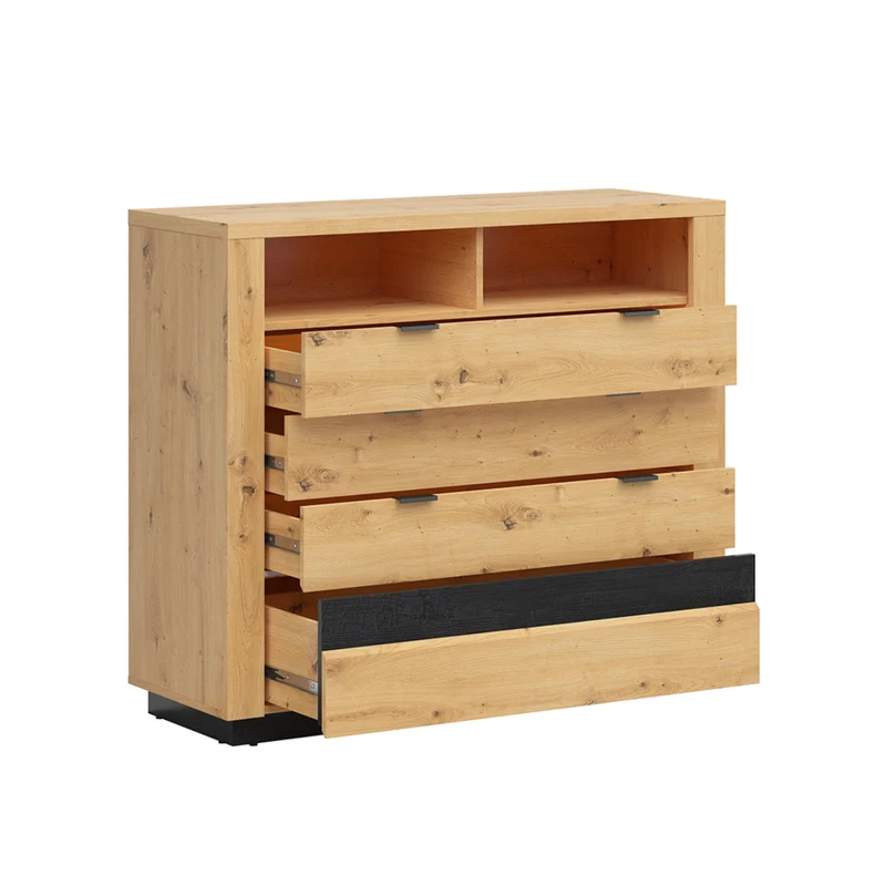 Commode 4 tiroirs 2 niches avec LED Glenn Bois et Noir