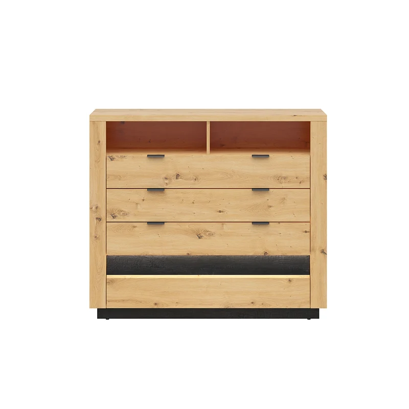Commode 4 tiroirs 2 niches avec LED Glenn Bois et Noir