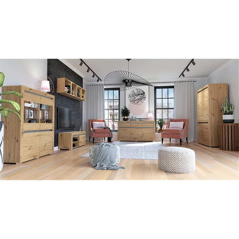 Buffet 3 portes 3 tiroirs LED inclus Kasla Bois et Anthracite