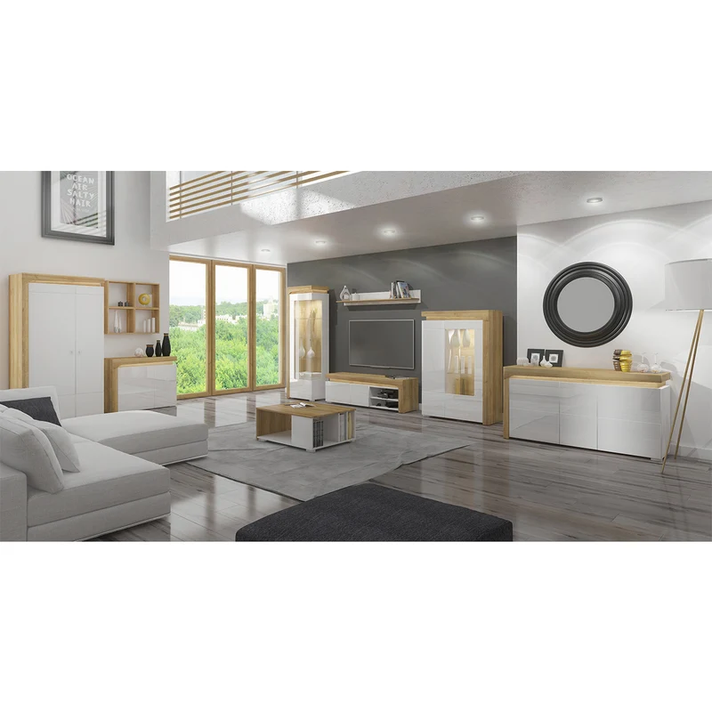 Buffet 2 portes 4 tiroirs LED inclus Teo Blanc et Bois