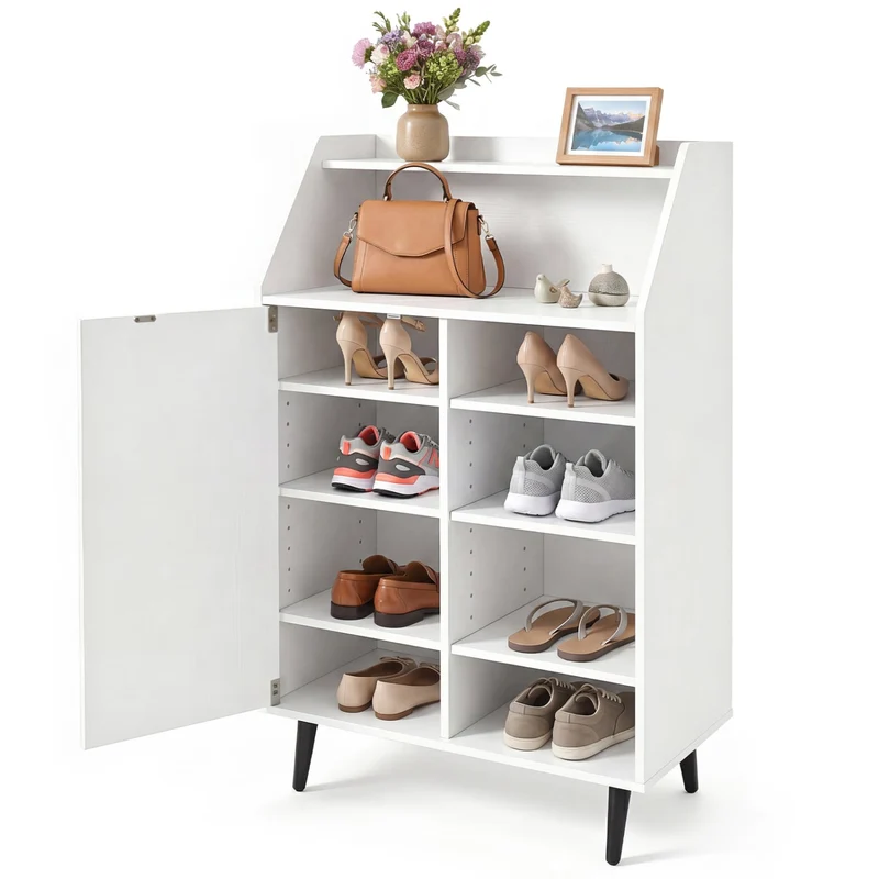Shoe Storage Cabinet with 2-Tier Open Compartment and 4-Tier Adjustable Shelf, White