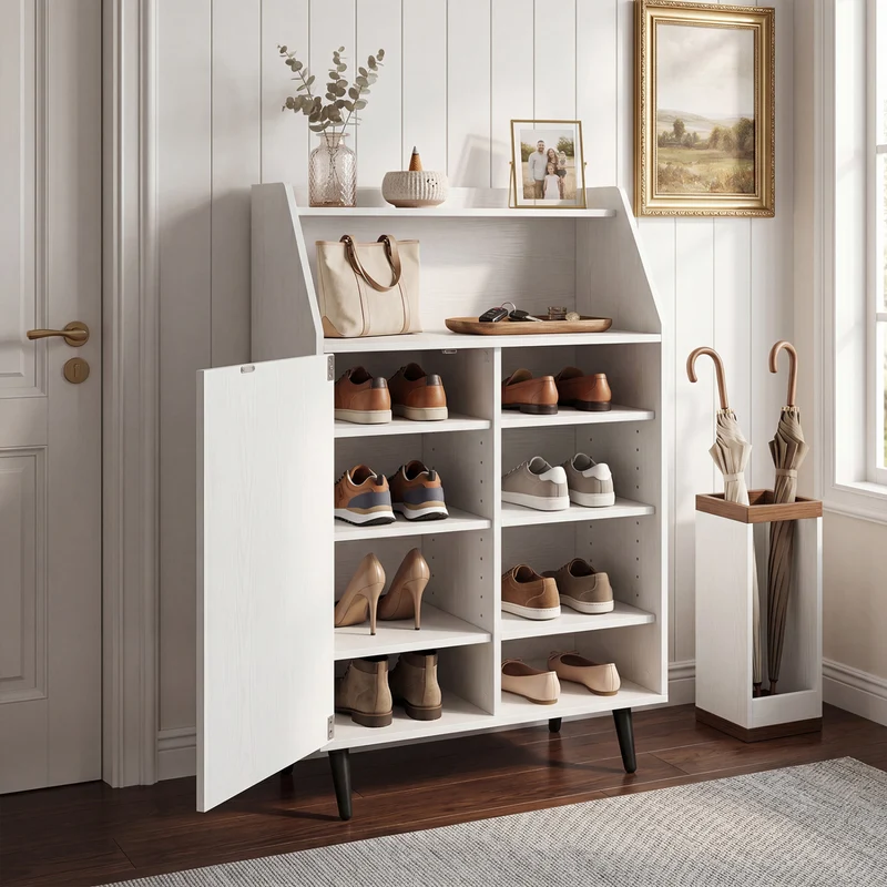 Shoe Storage Cabinet with 2-Tier Open Compartment and 4-Tier Adjustable Shelf, White