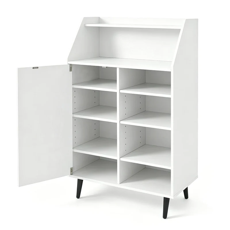 Shoe Storage Cabinet with 2-Tier Open Compartment and 4-Tier Adjustable Shelf, White