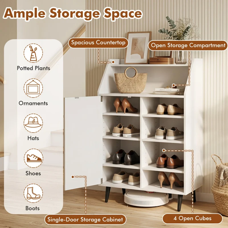Shoe Storage Cabinet with 2-Tier Open Compartment and 4-Tier Adjustable Shelf, White
