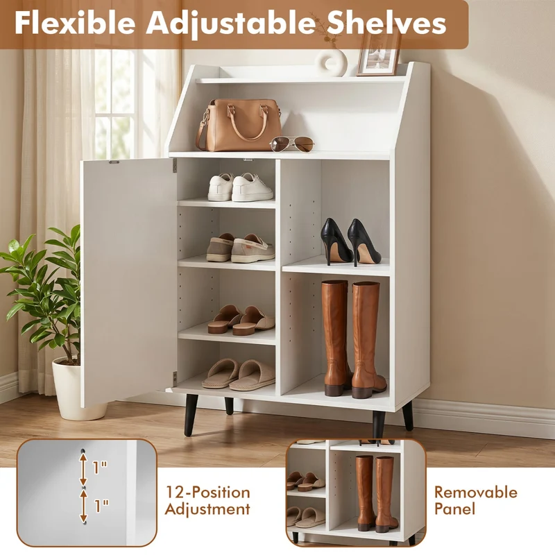 Shoe Storage Cabinet with 2-Tier Open Compartment and 4-Tier Adjustable Shelf, White