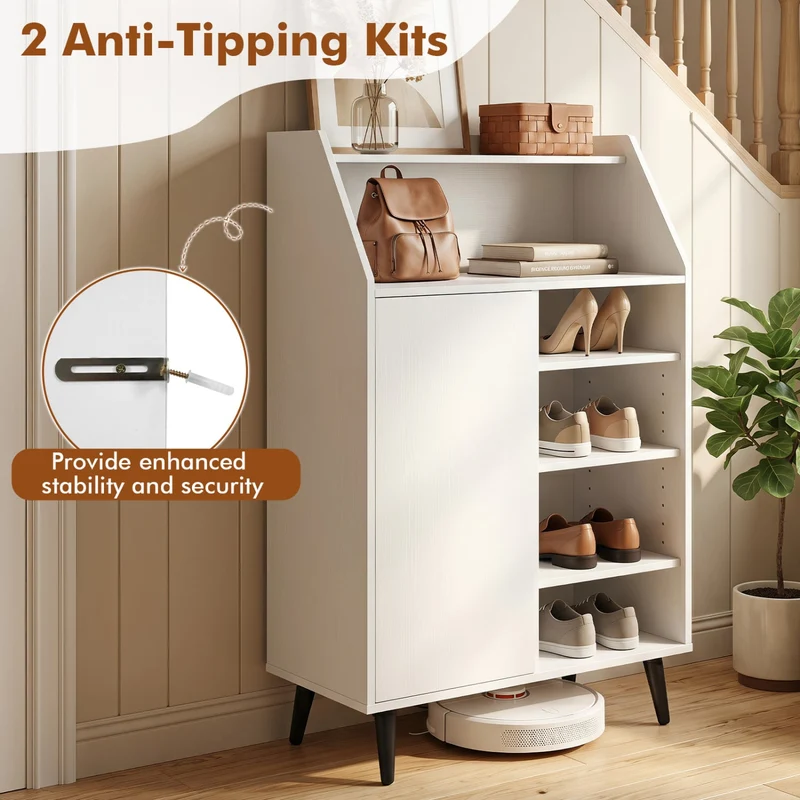 Shoe Storage Cabinet with 2-Tier Open Compartment and 4-Tier Adjustable Shelf, White