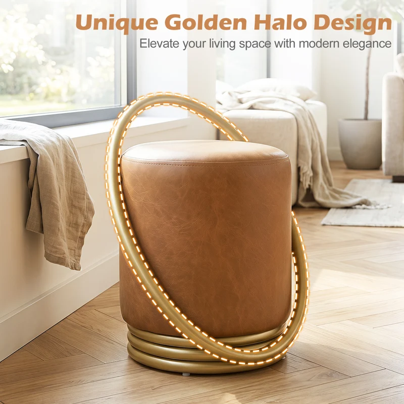 Round Vanity Stool, Faux Leather Makeup Chair, Gold Halo Design, Yellow
